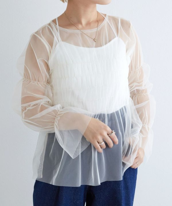 shirring tulle top (white) *JP