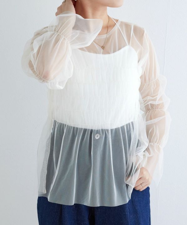 shirring tulle top (white) *JP