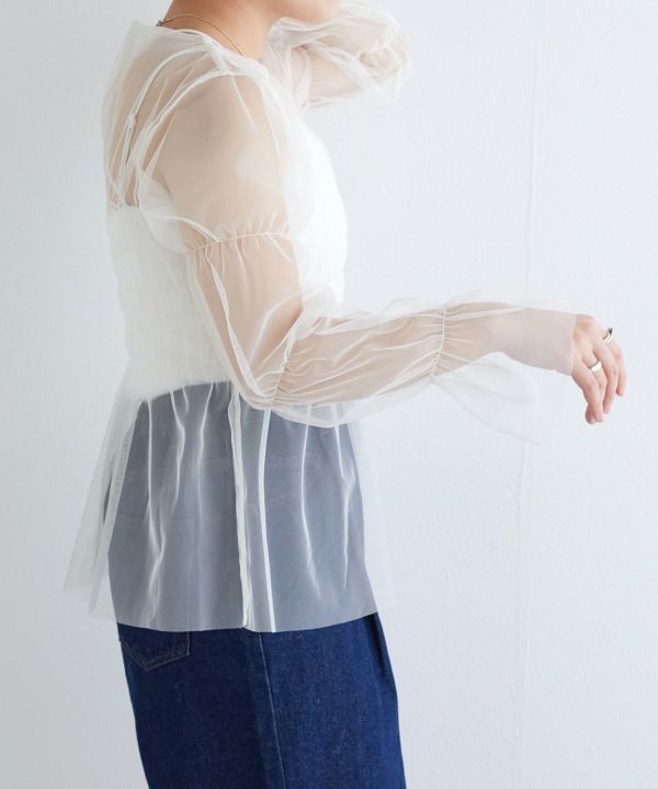 shirring tulle top (white) *JP