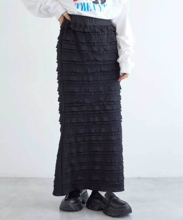 ruffle long tight skirt (black) *JP