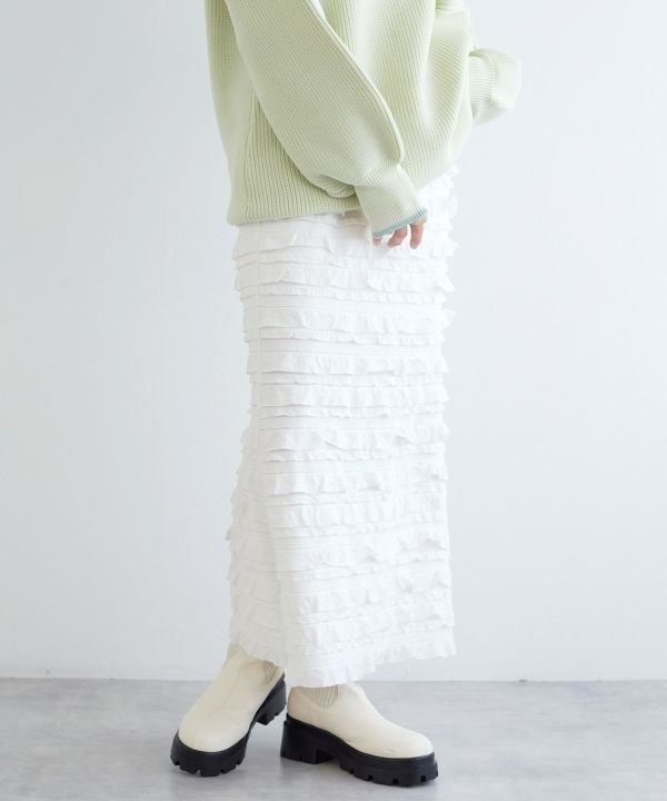 ruffle long tight skirt (white) *JP