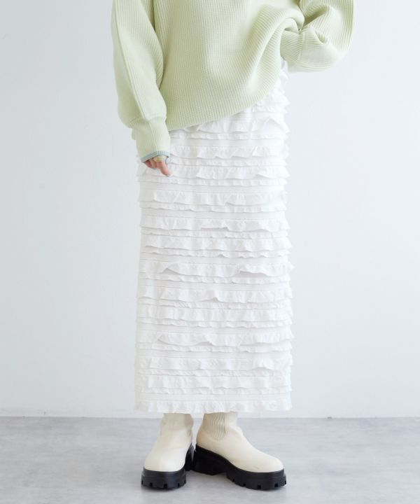 ruffle long tight skirt (white) *JP