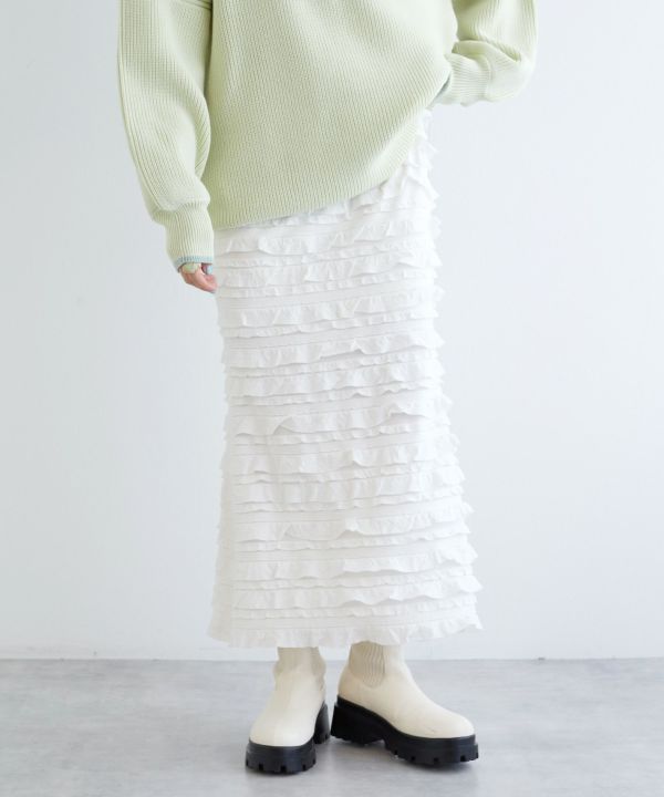 ruffle long tight skirt (white) *JP