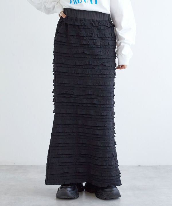 ruffle long tight skirt (black) *JP