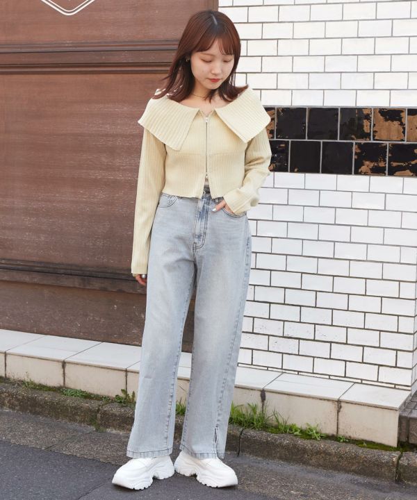 hem slit denim pants (sax blue) *JP