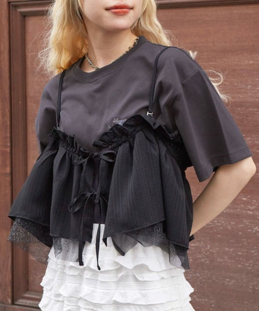 tee with frill cami (charcoal) *JP