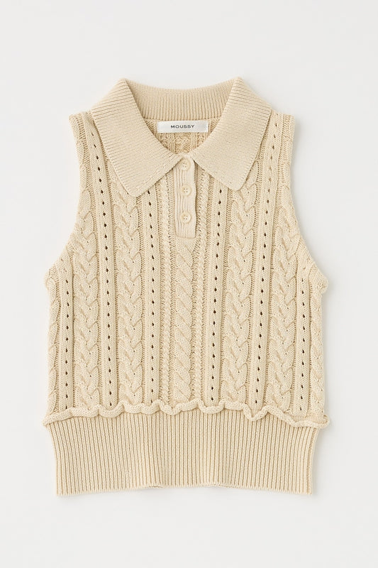 cable knit polo top (ivory) *JP