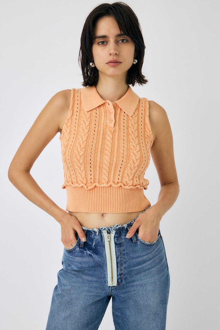 cable knit polo top (orange) *JP