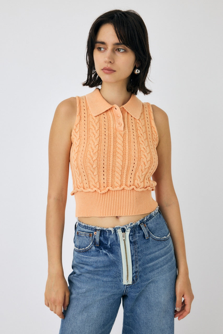 cable knit polo top (orange) *JP