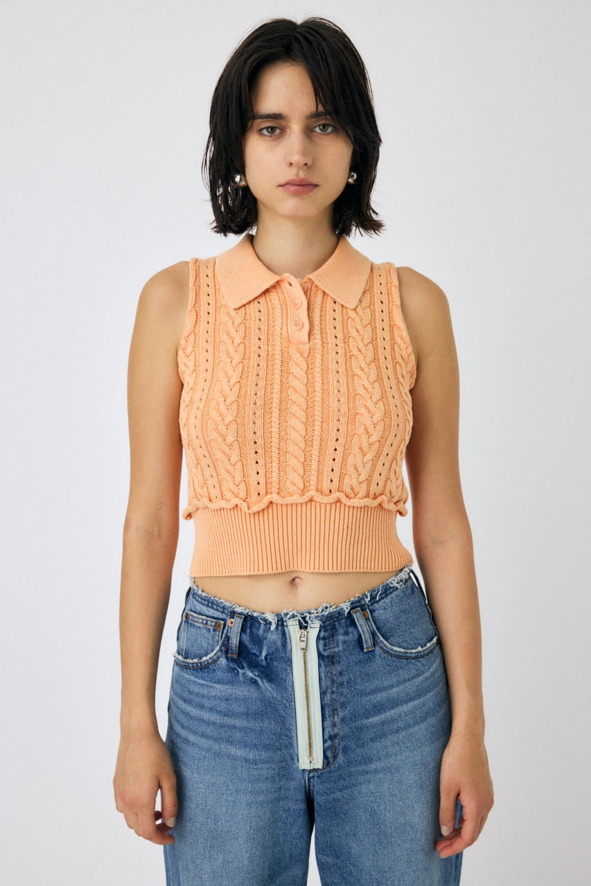 cable knit polo top (orange) *JP