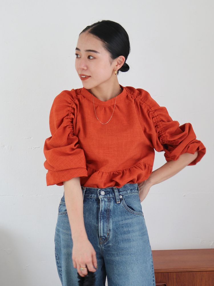 sleeve gathered blouse (orange) *JP