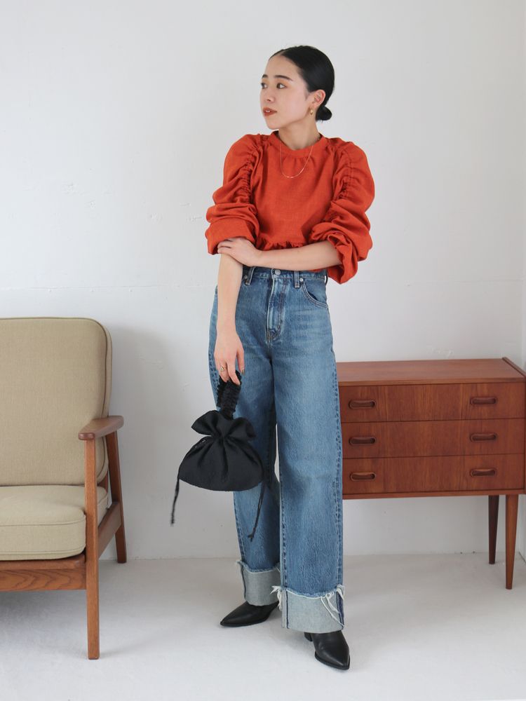 sleeve gathered blouse (orange) *JP