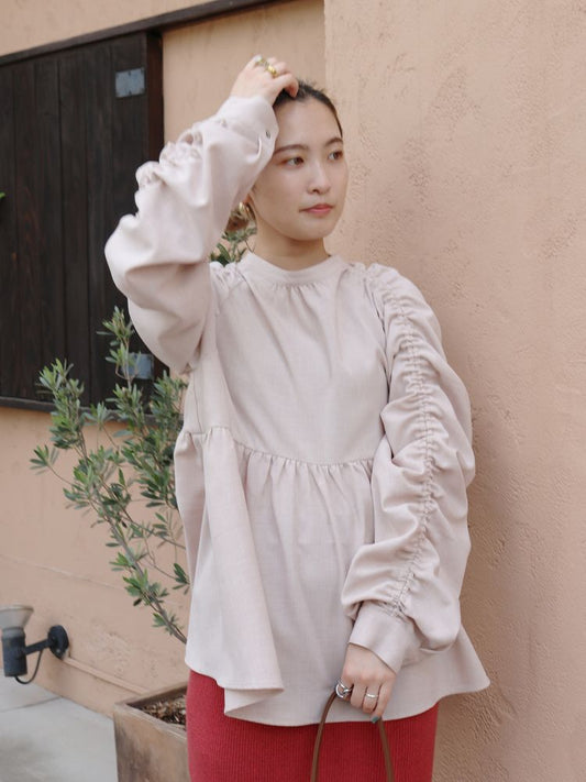 sleeve gathered blouse (beige) *JP