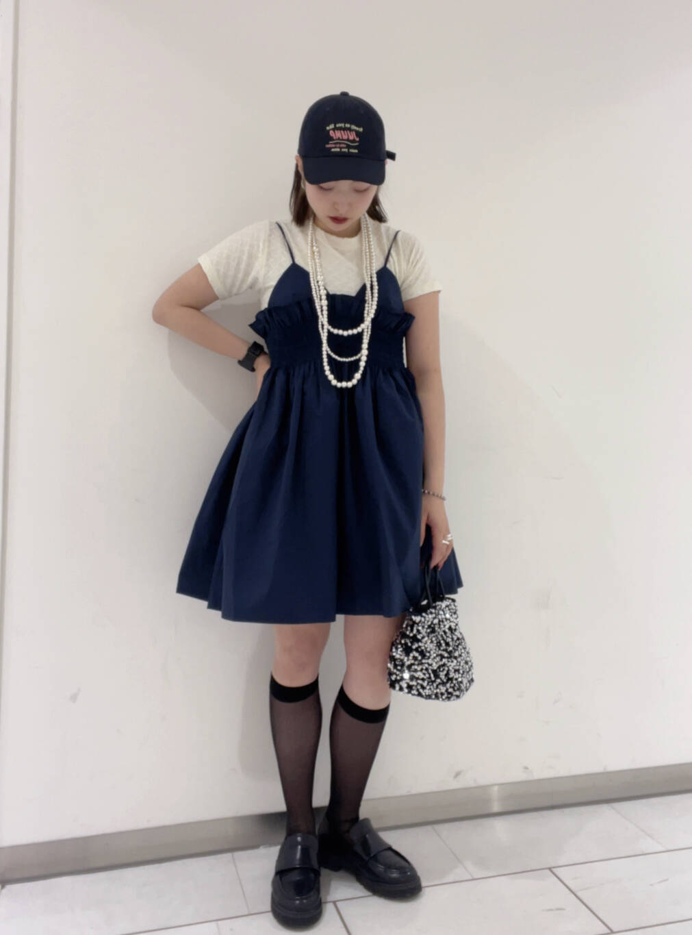 shirred mini dress (navy) *JP