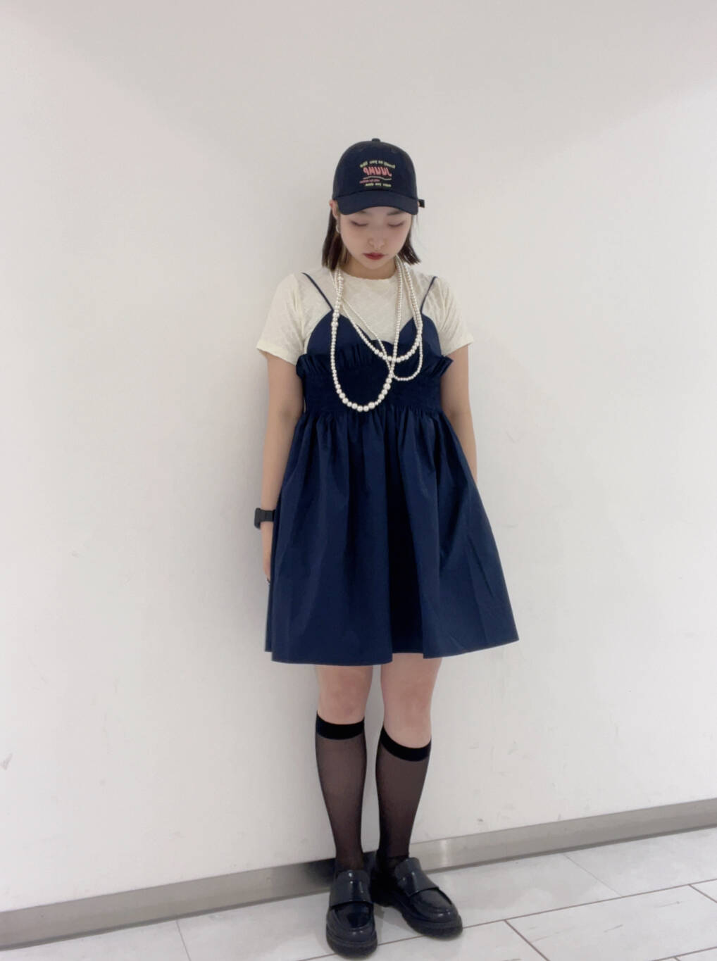 shirred mini dress (navy) *JP