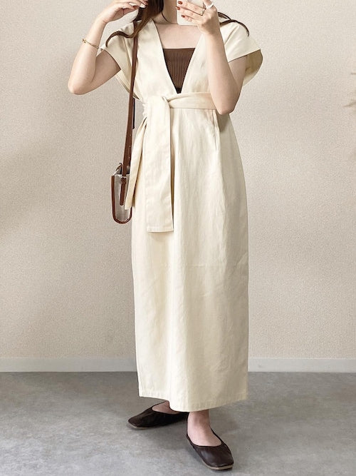 v-neck ribbon one piece (ivory) *JP