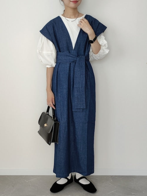 v-neck ribbon one piece (denim) *JP