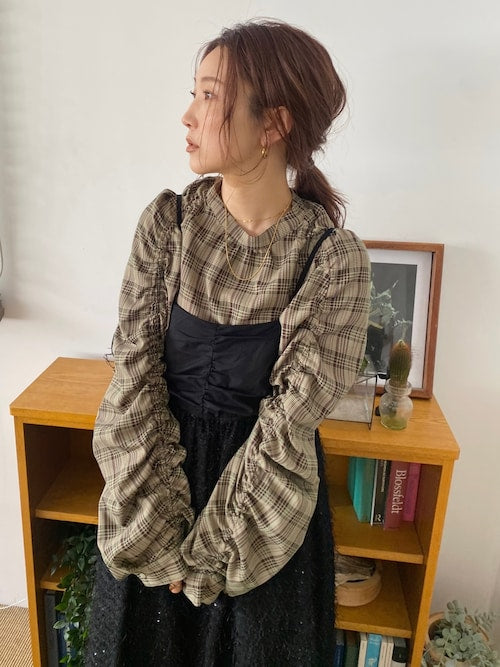 sleeve gathered blouse (check) *JP