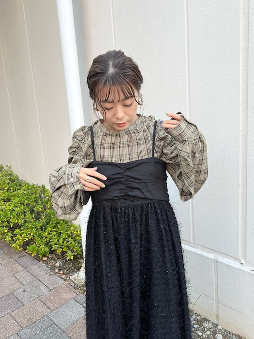 sleeve gathered blouse (check) *JP