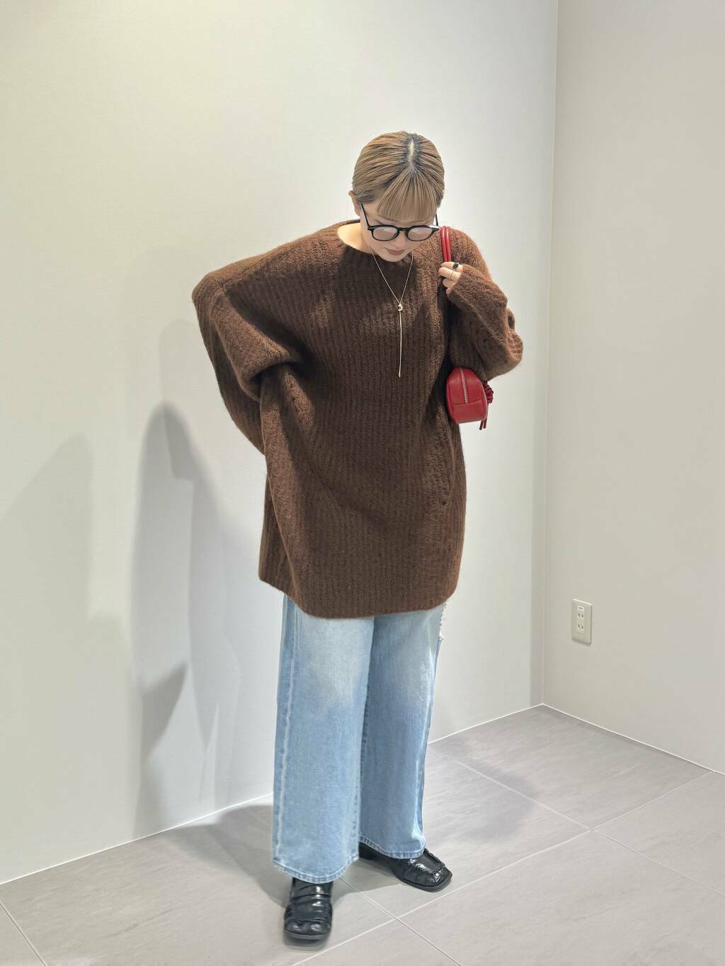 volume knit mini dress (brown) *JP