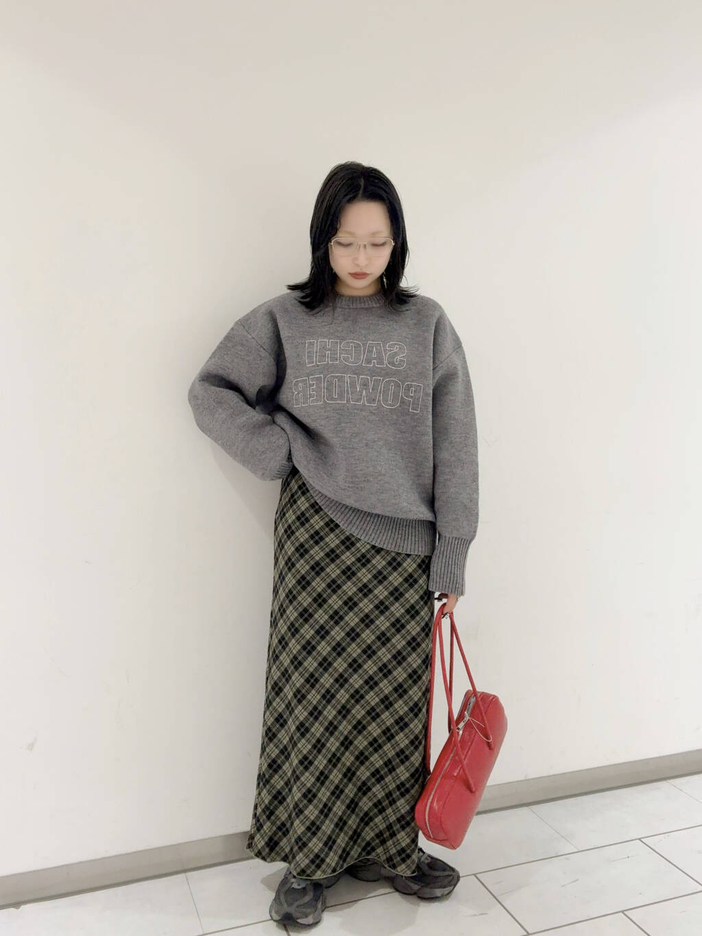 check narrow skirt (khaki x black) *JP