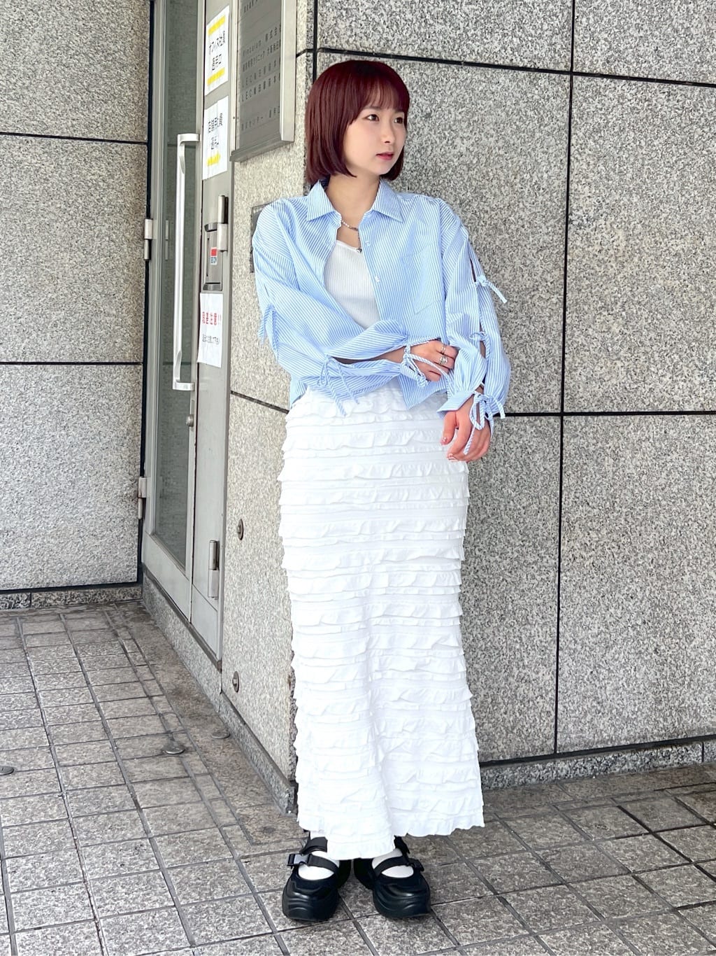 ruffle long tight skirt (white) *JP