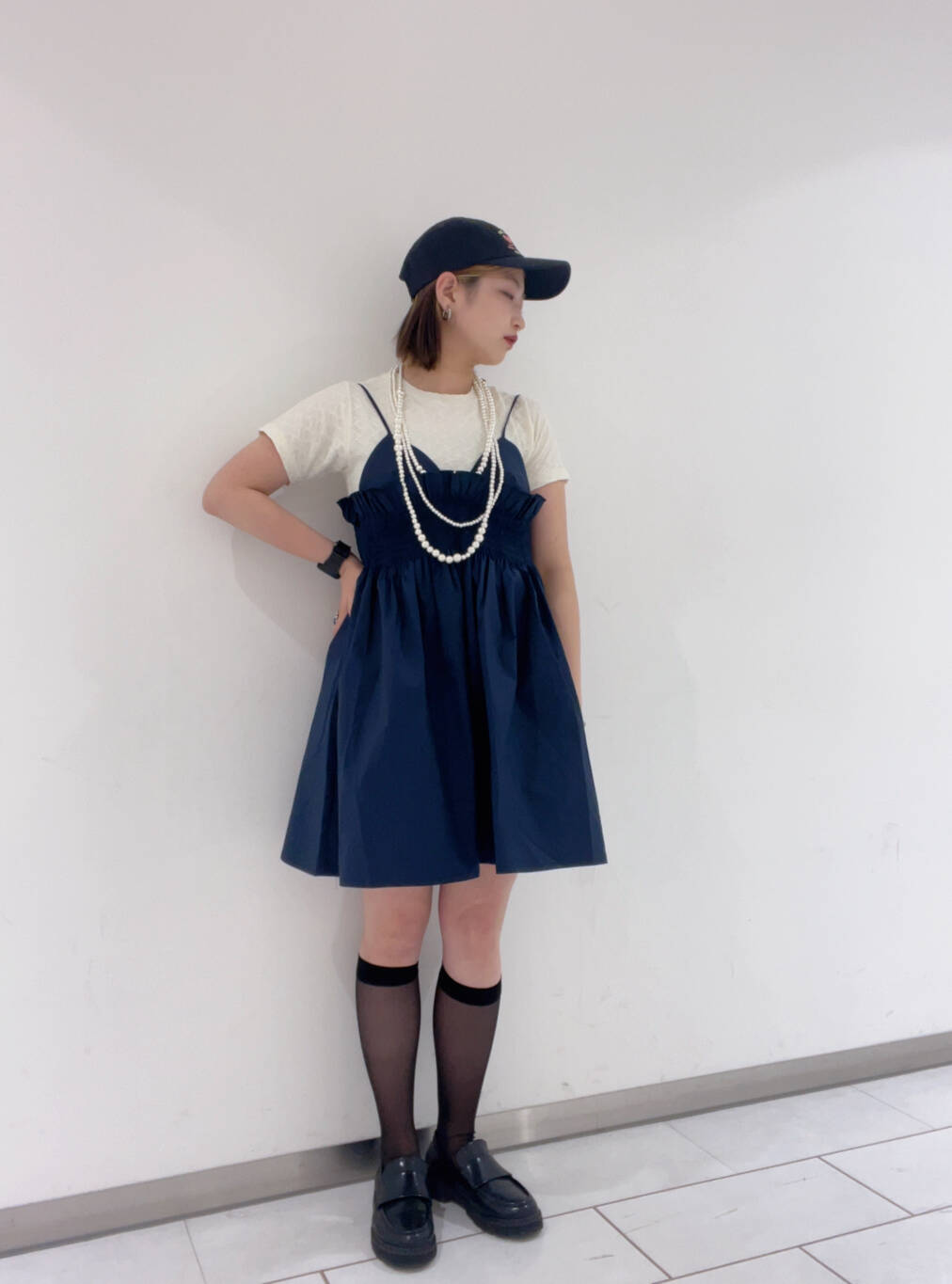 shirred mini dress (navy) *JP