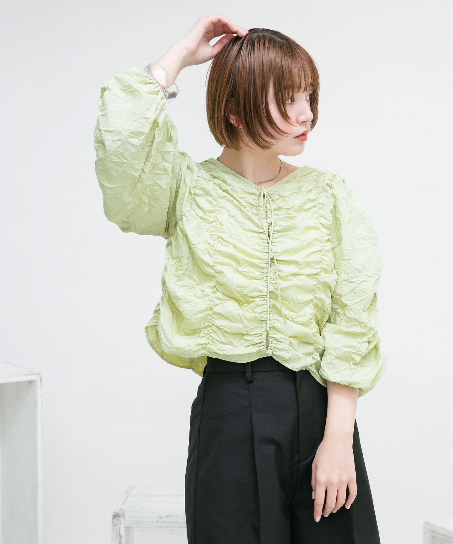 2way shirring blouse (green) *JP