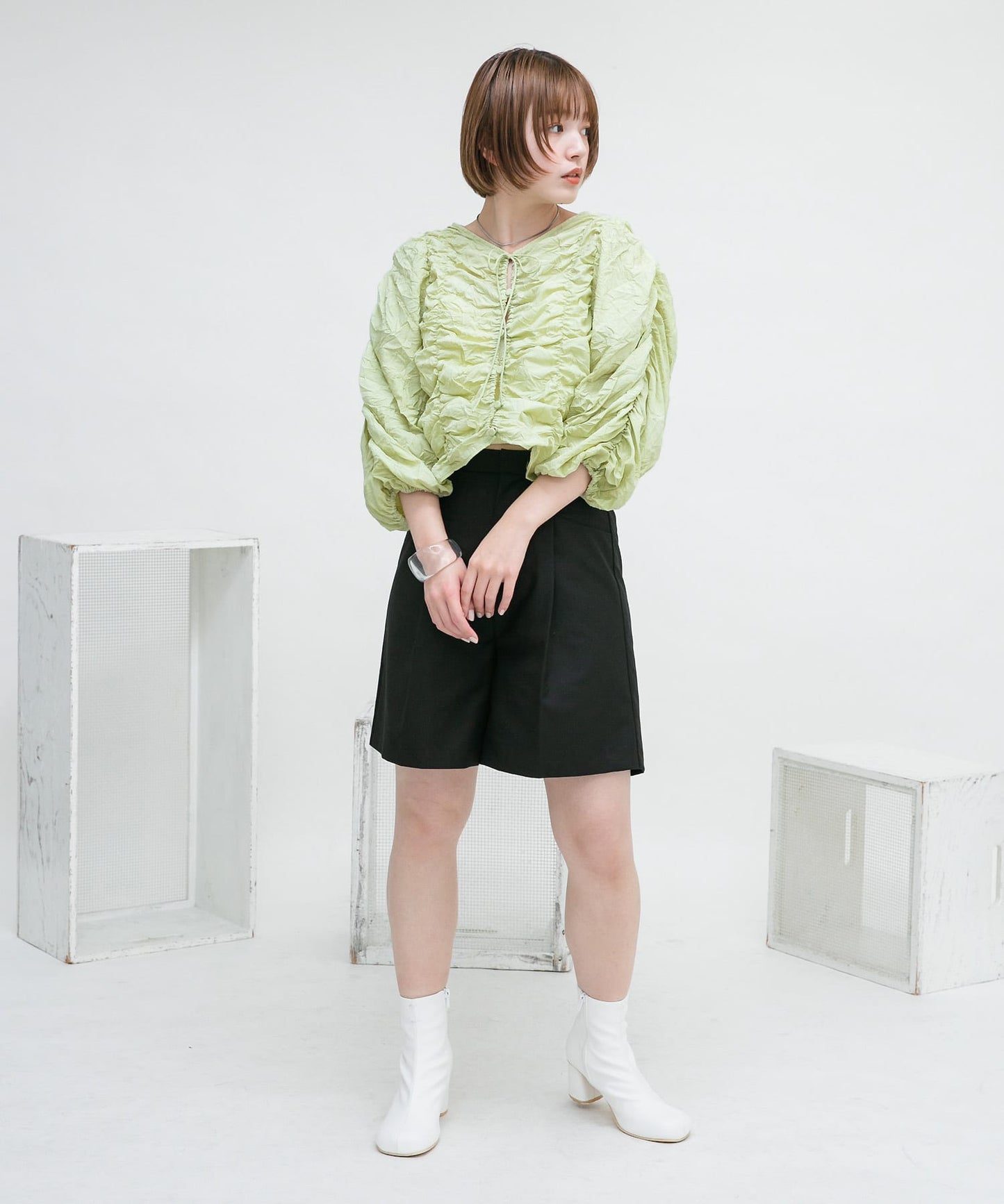 2way shirring blouse (green) *JP