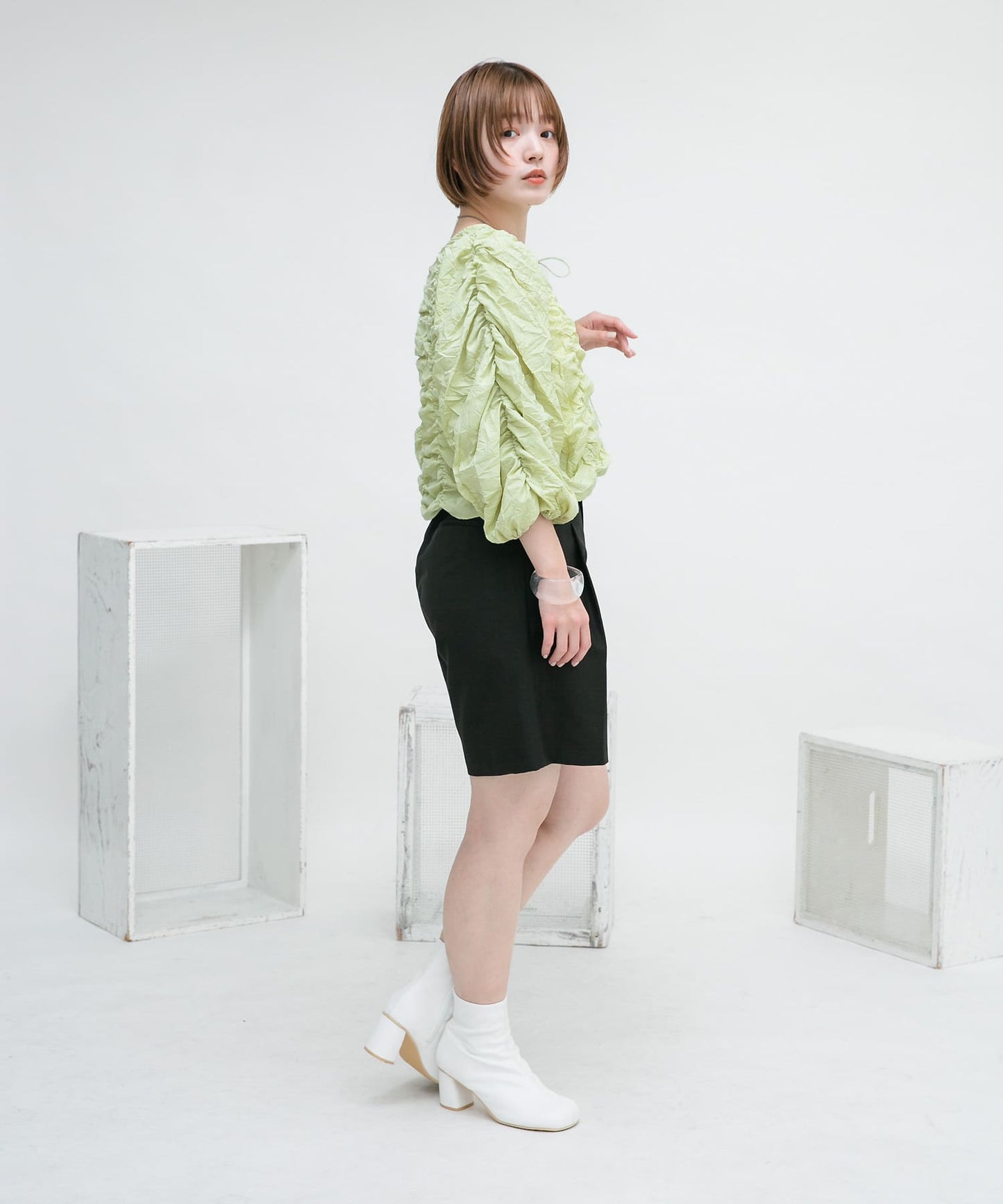 2way shirring blouse (green) *JP