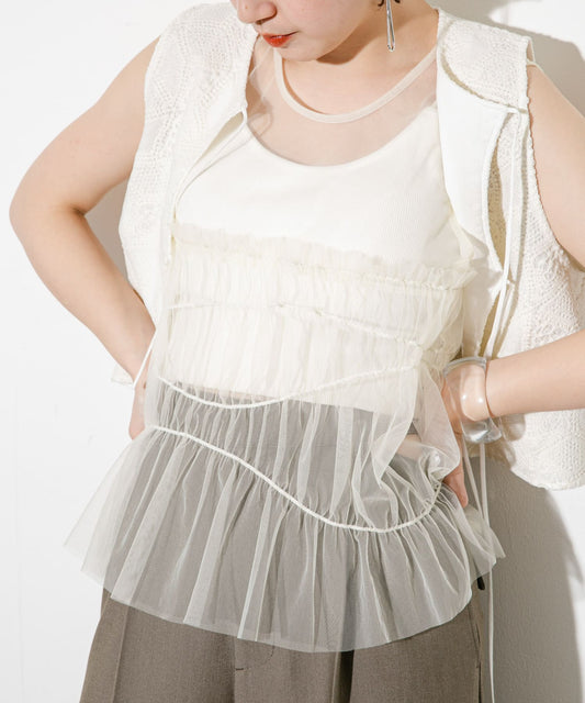 ruched tulle tank top (ivory) *JP