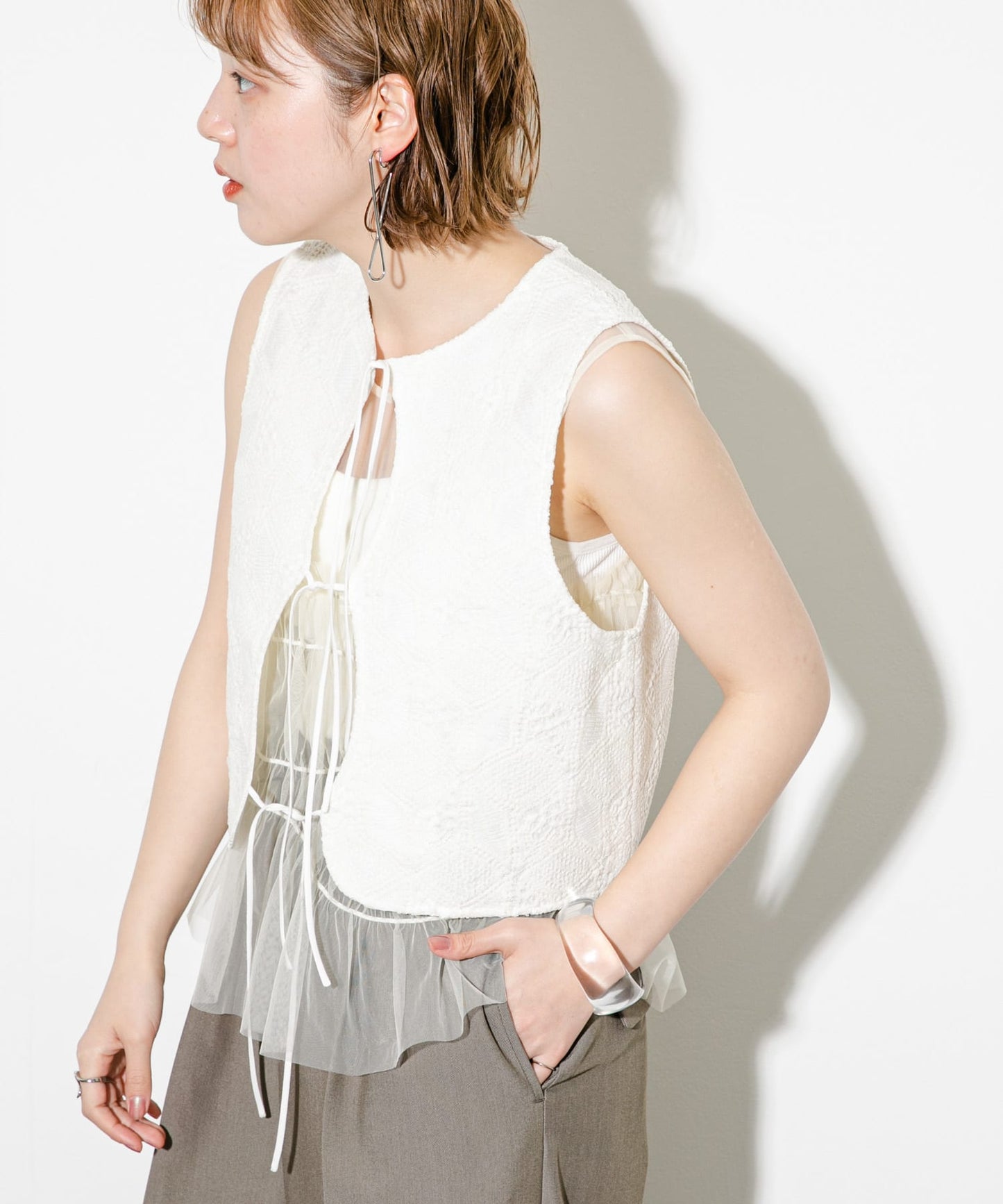 ruched tulle tank top (ivory) *JP