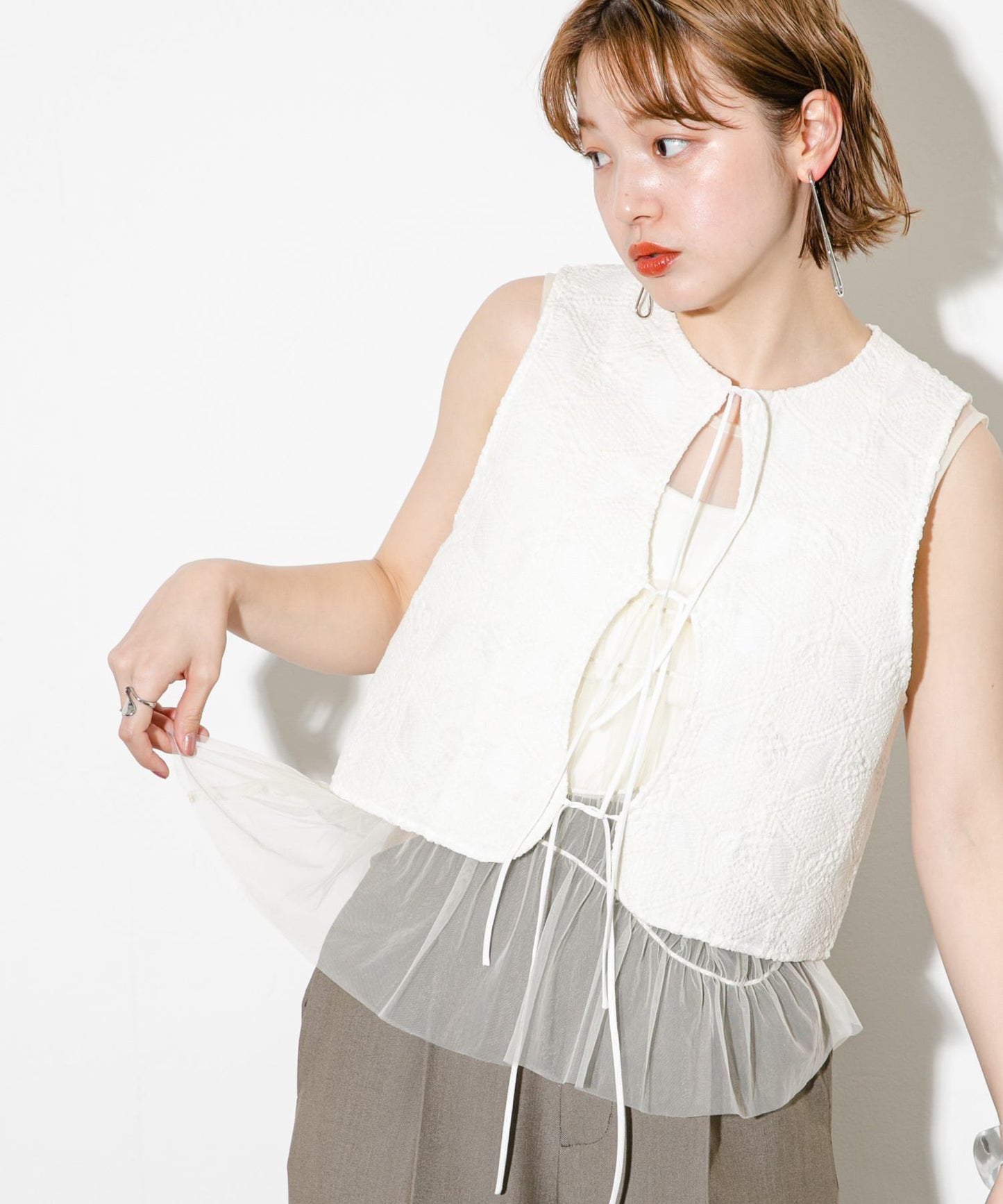 ruched tulle tank top (ivory) *JP