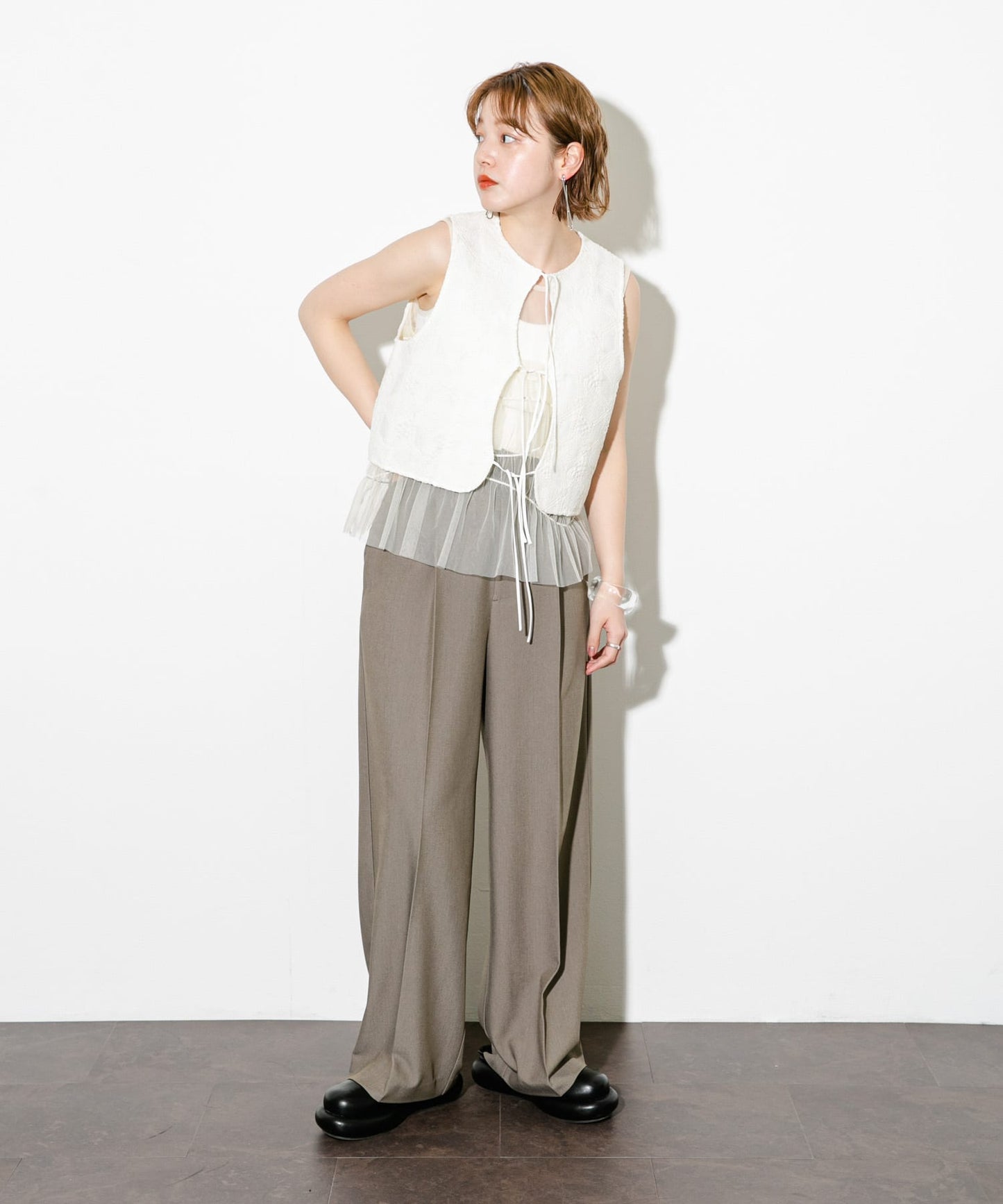 ruched tulle tank top (ivory) *JP