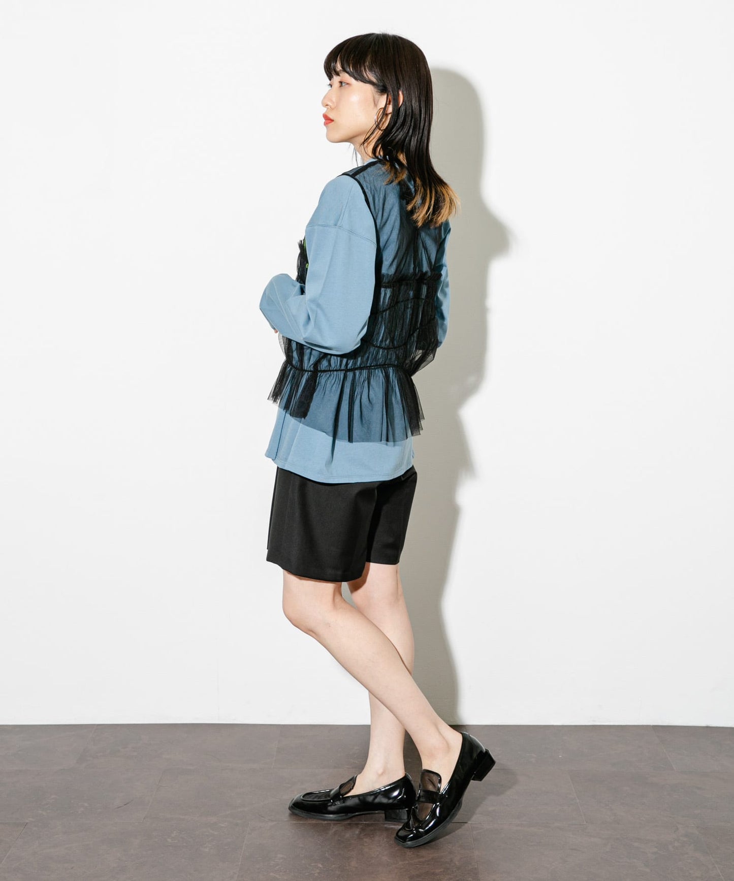 ruched tulle tank top (black) *JP