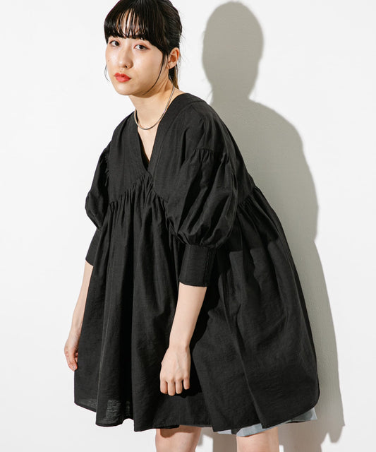 volume gathered mini dress (black) *JP