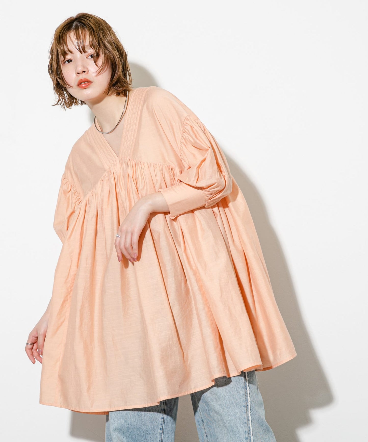 volume gathered mini dress (coral) *JP