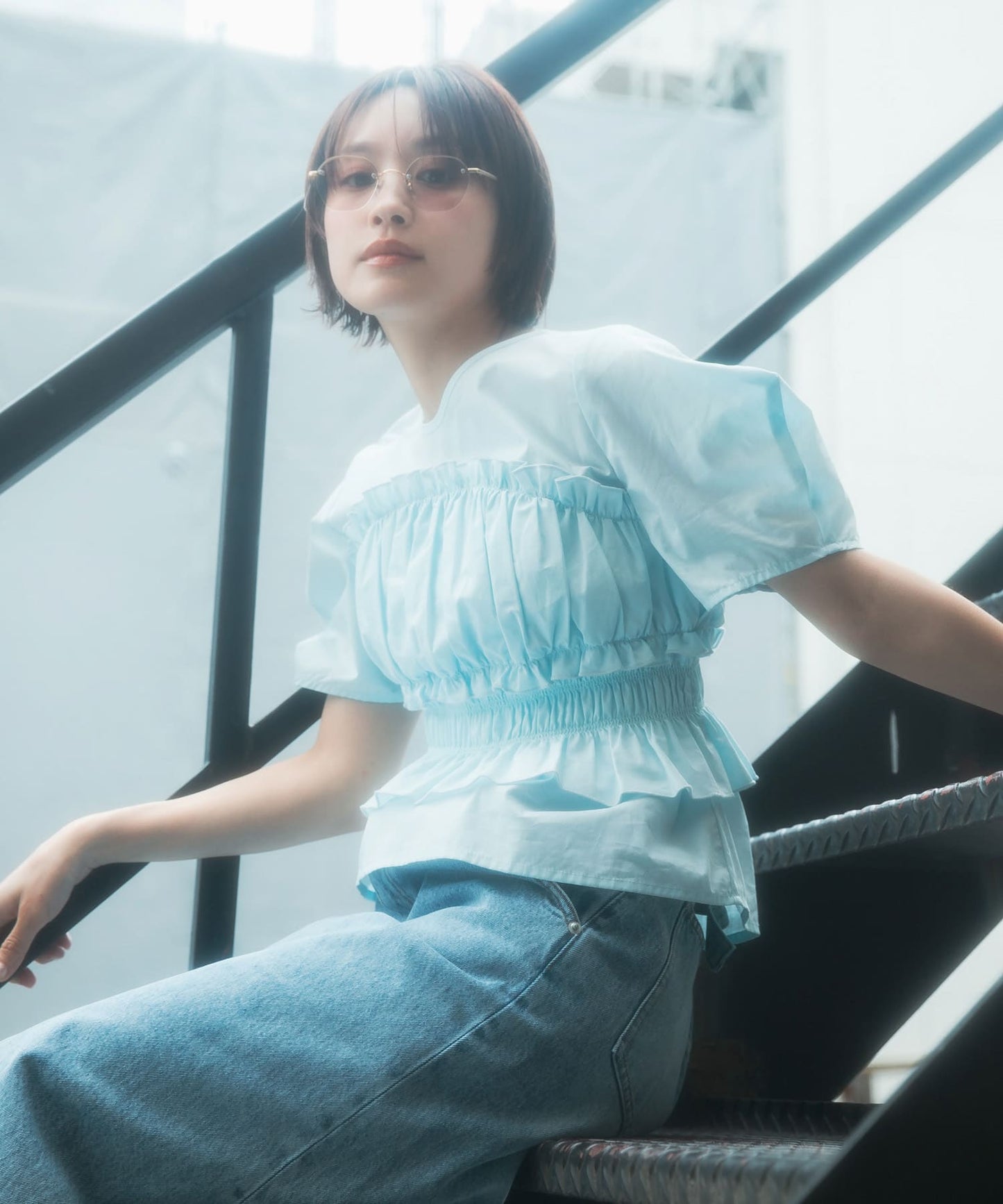 『高橋愛×KBF』shirred bustier blouse (light blue) *JP