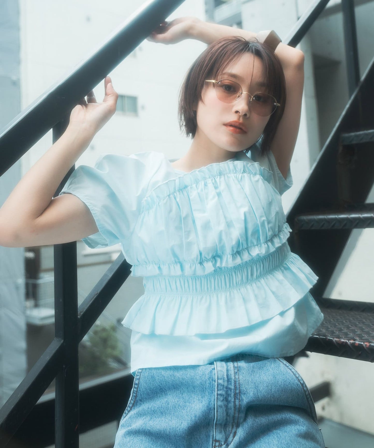 『高橋愛×KBF』shirred bustier blouse (light blue) *JP