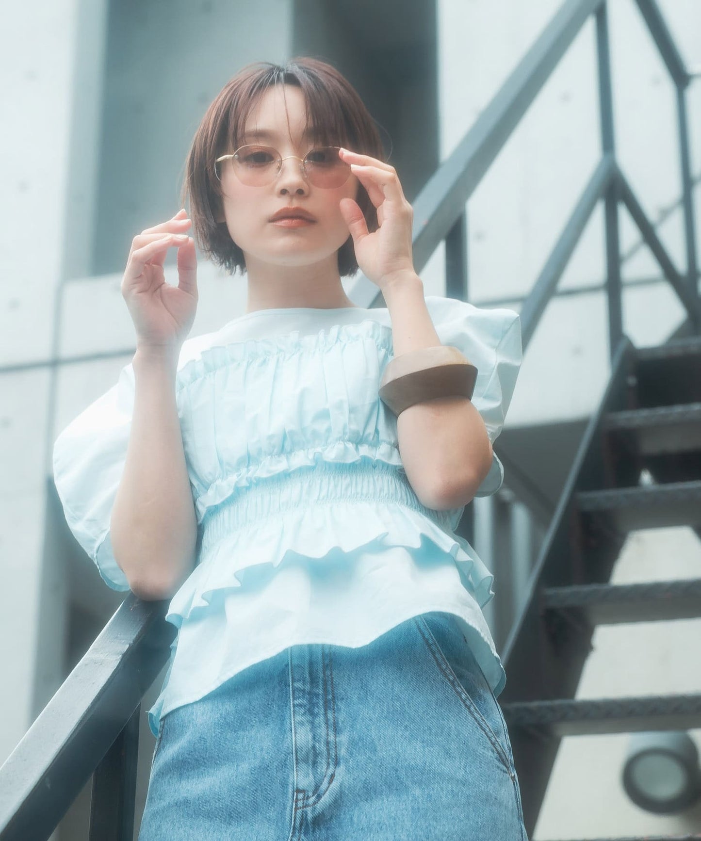 『高橋愛×KBF』shirred bustier blouse (light blue) *JP