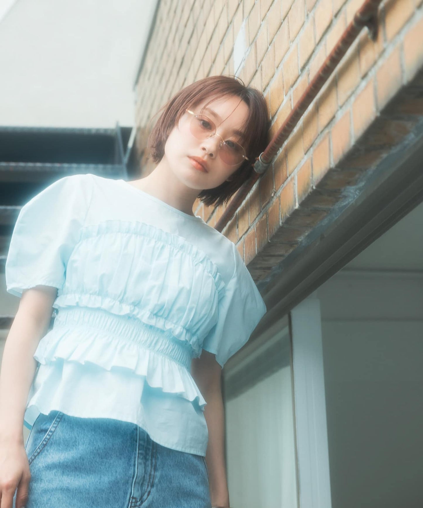 『高橋愛×KBF』shirred bustier blouse (light blue) *JP