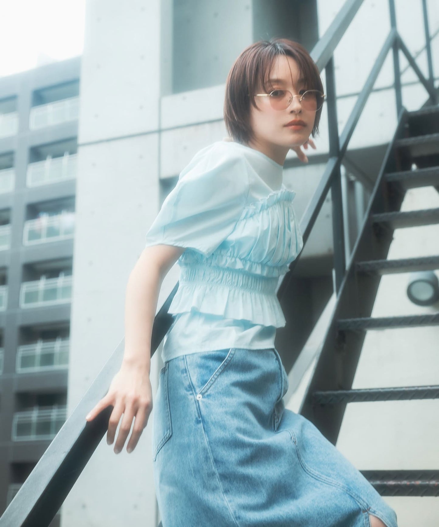 『高橋愛×KBF』shirred bustier blouse (light blue) *JP