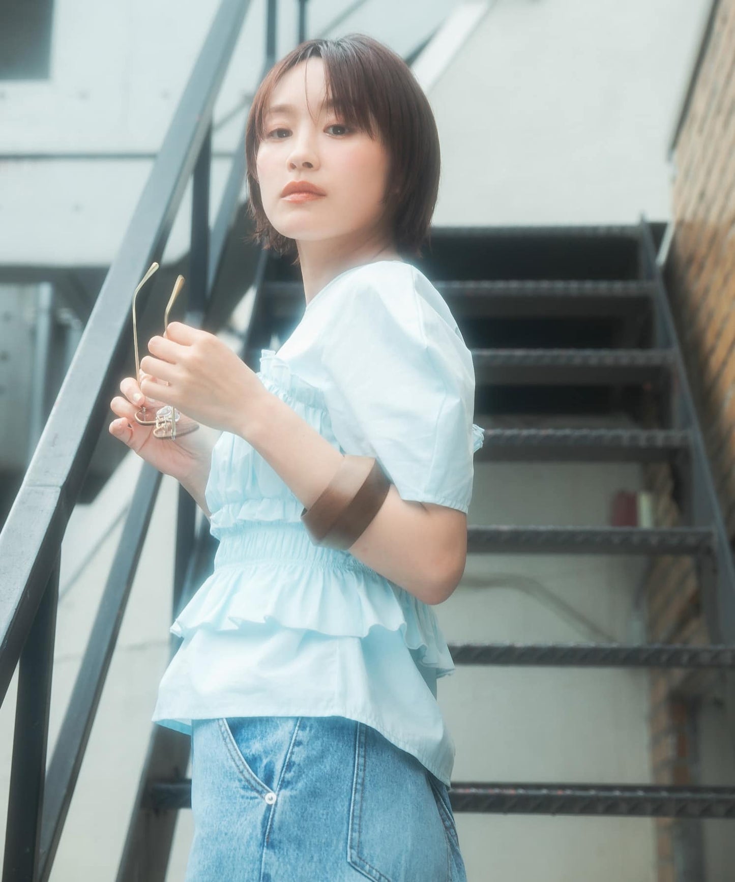 『高橋愛×KBF』shirred bustier blouse (light blue) *JP