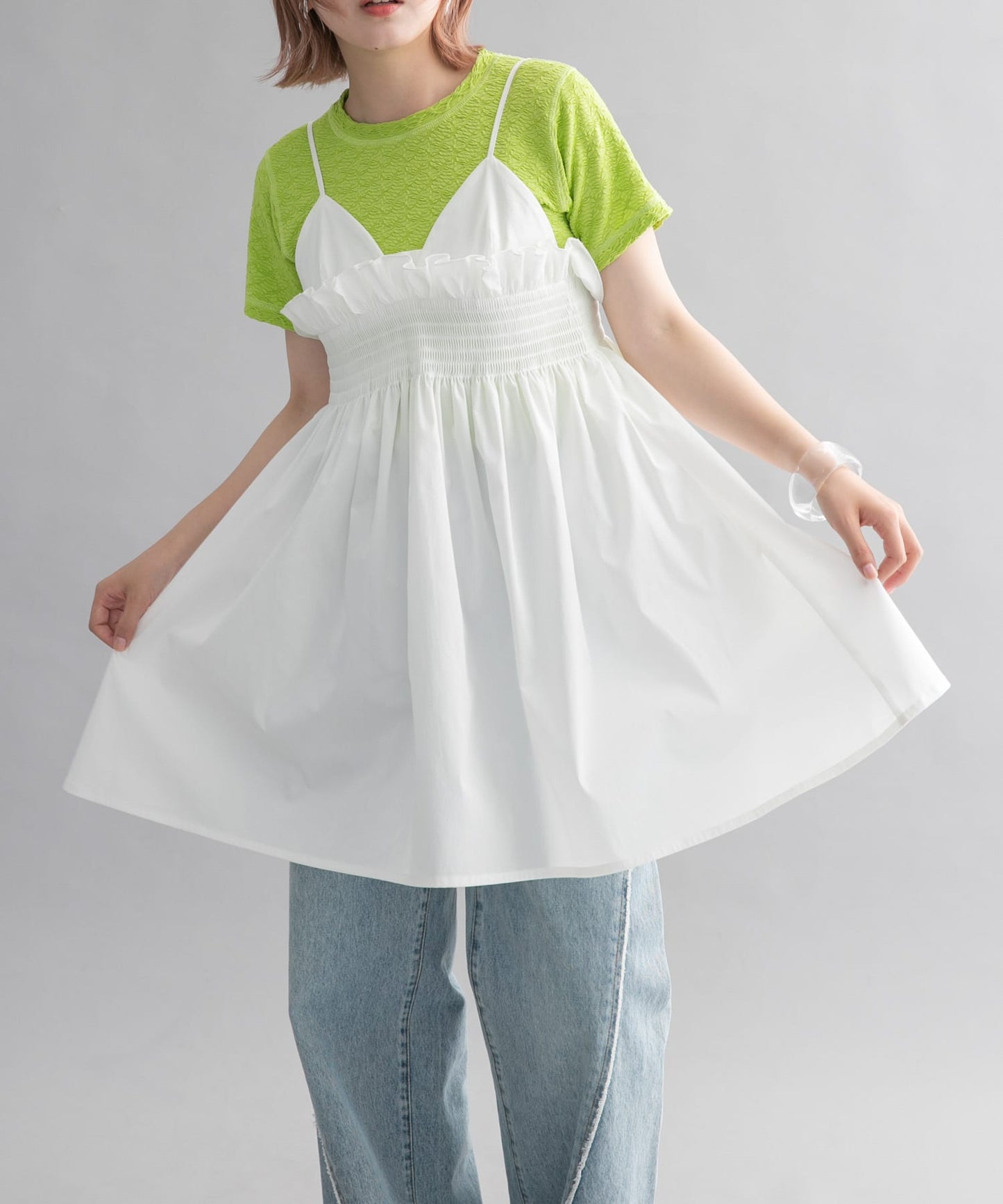 shirred mini dress (white) *JP