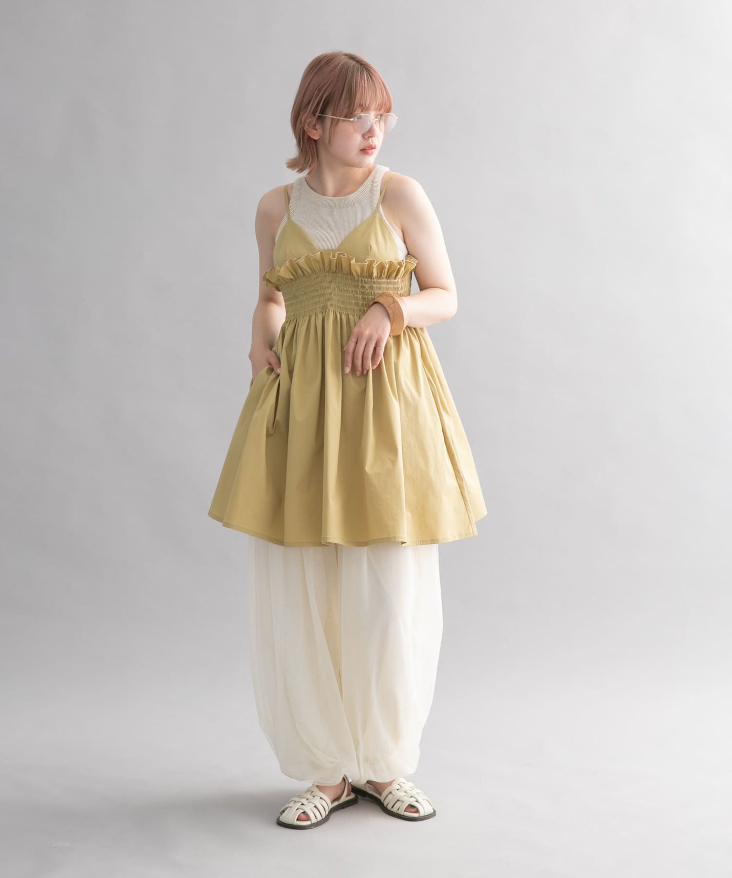 shirred mini dress (beige) *JP