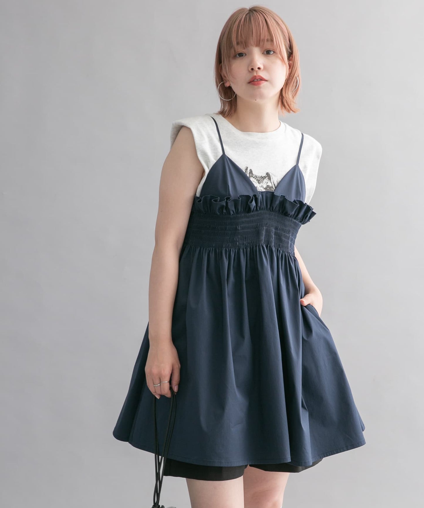 shirred mini dress (navy) *JP