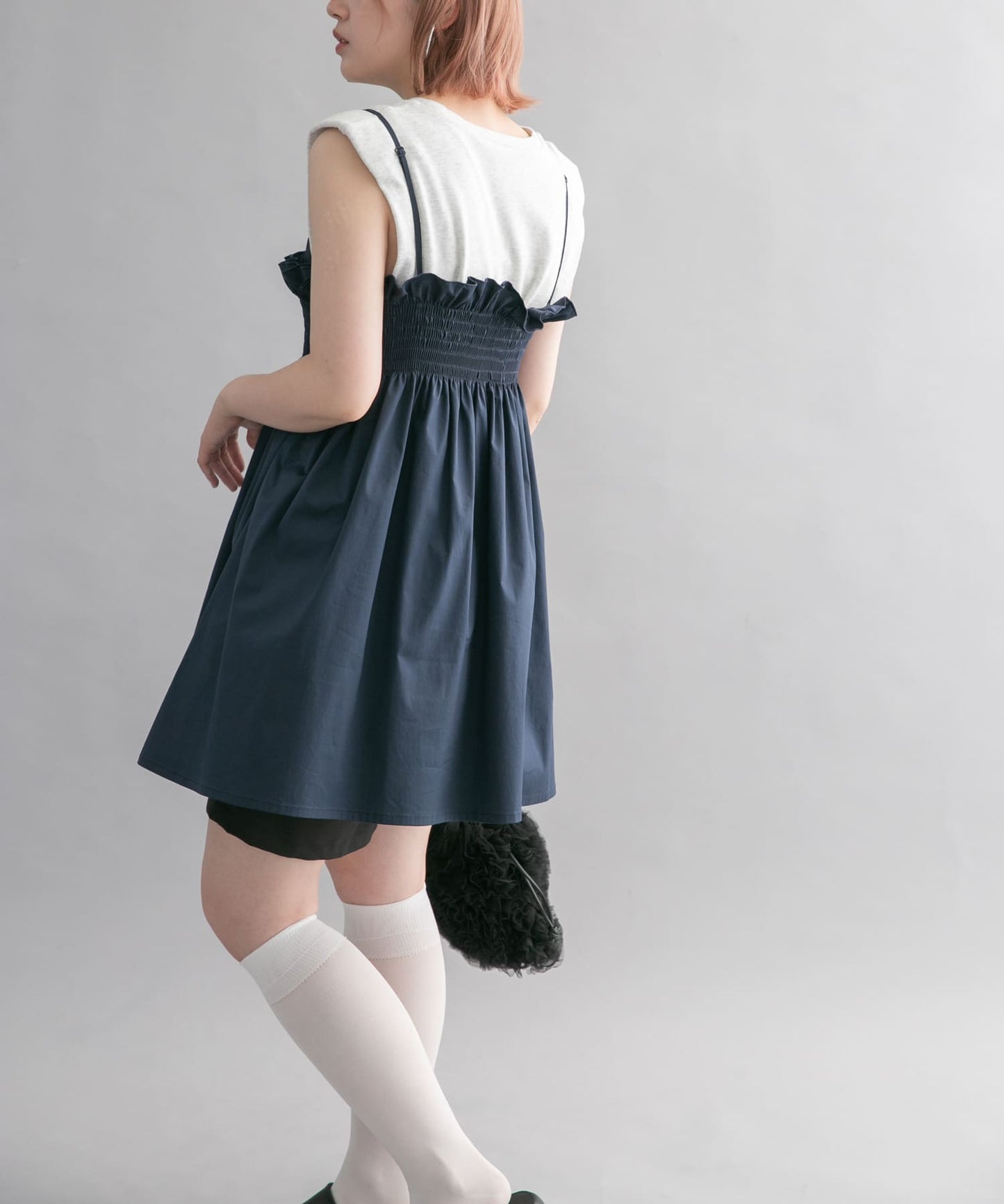 shirred mini dress (navy) *JP