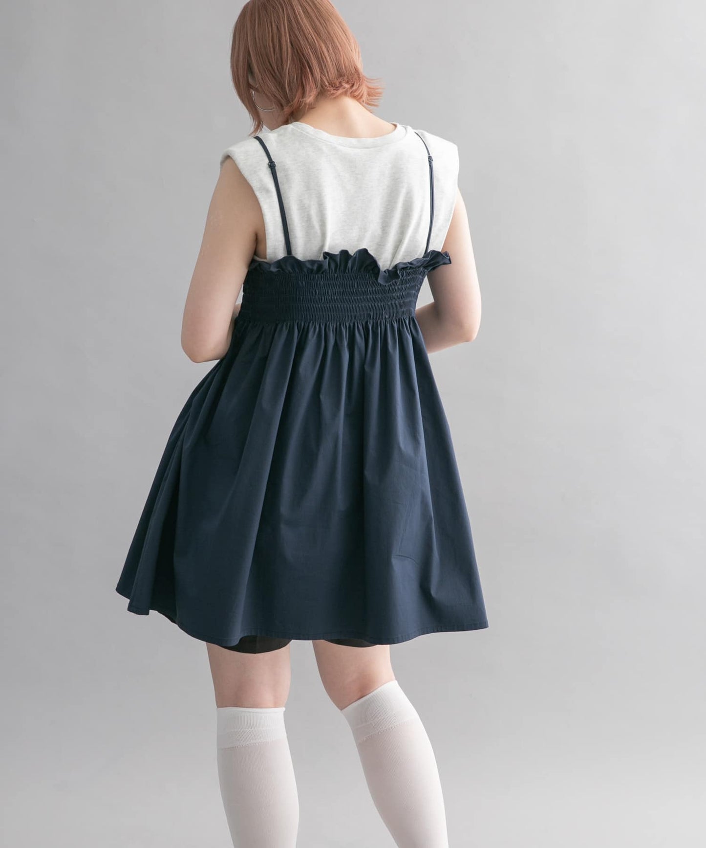 shirred mini dress (navy) *JP