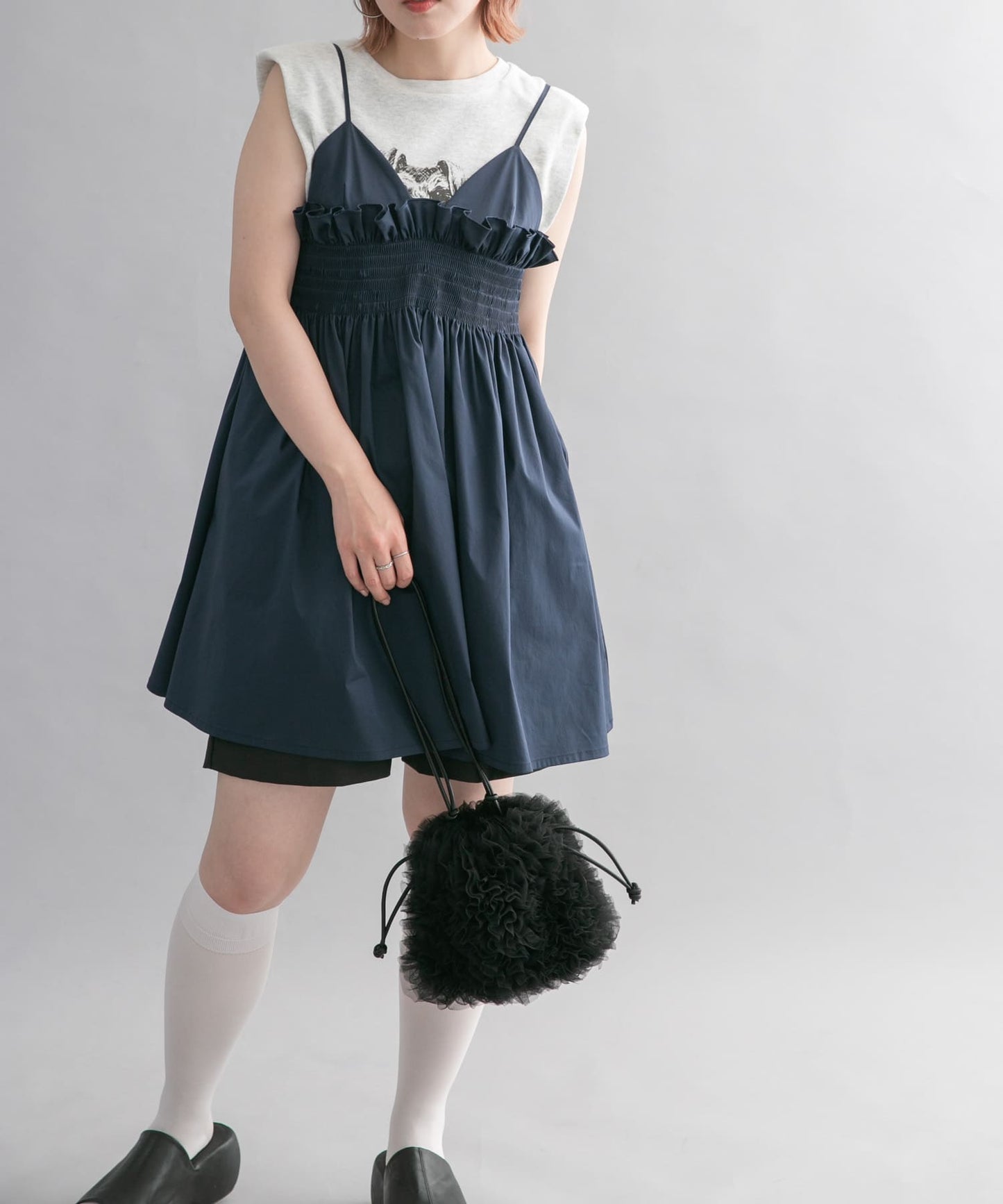 shirred mini dress (navy) *JP