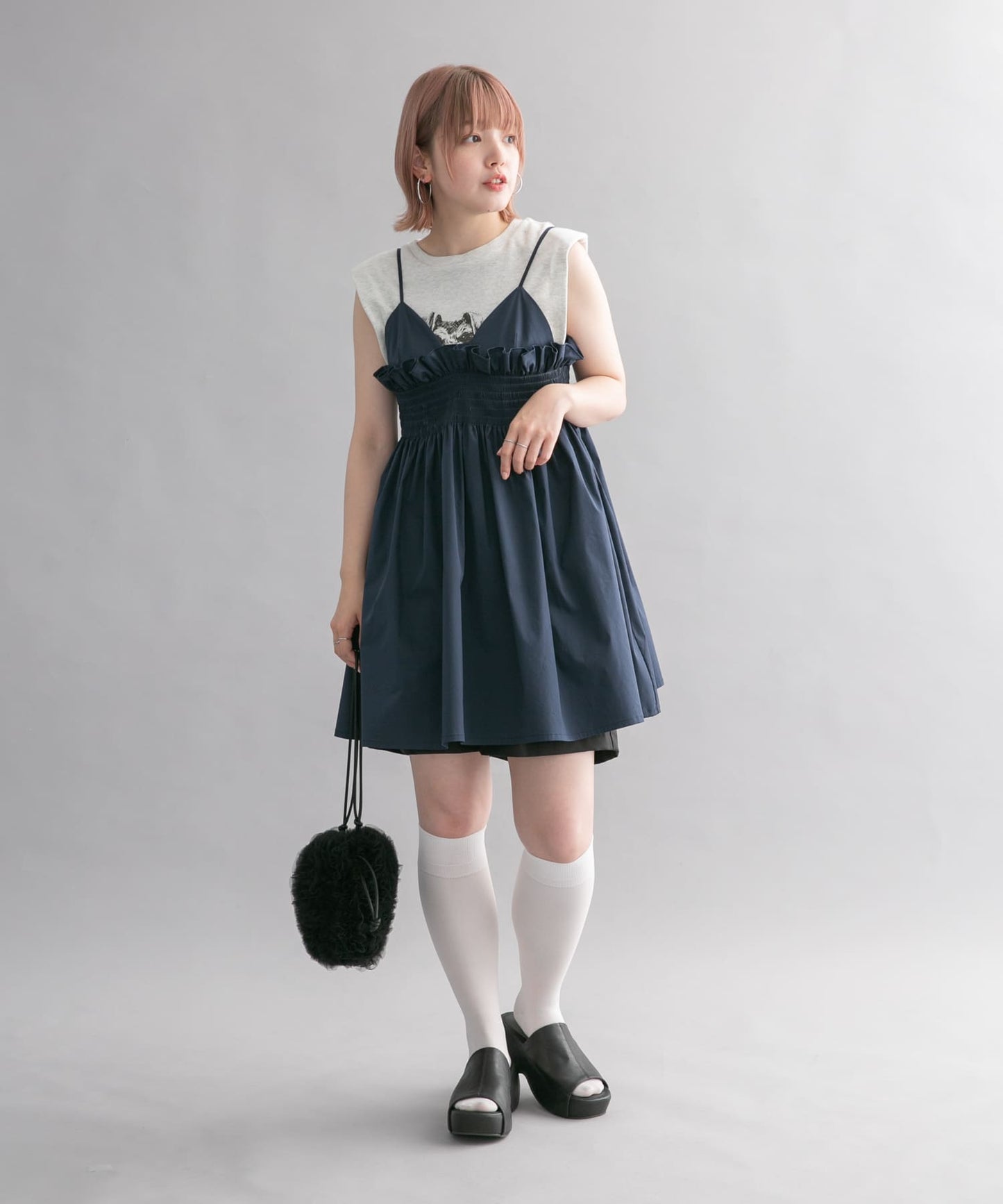 shirred mini dress (navy) *JP